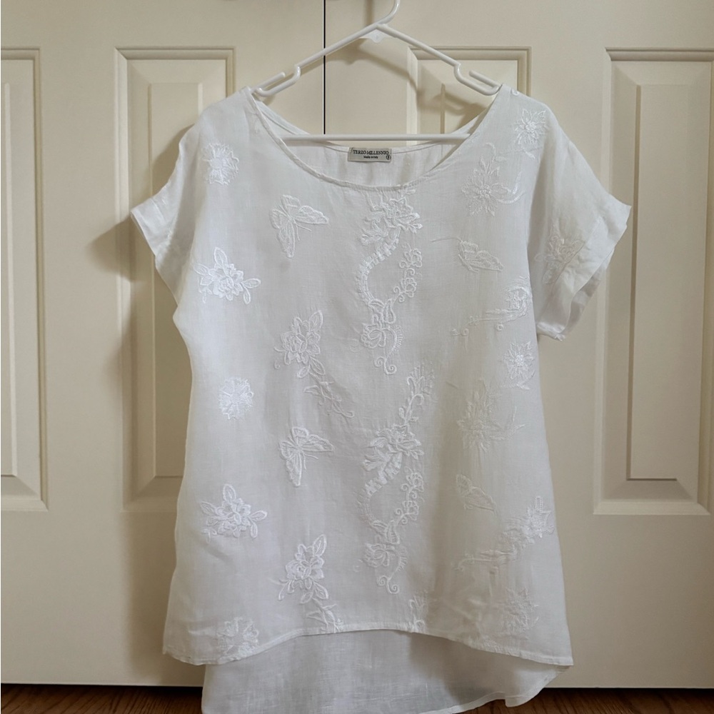 White Asymmetrical Cap Sleeve Linen Top